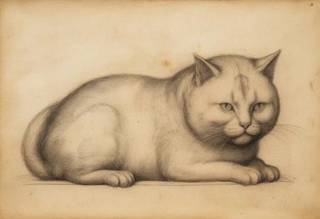 Long lost Leonardo da Vinci drawing of a chubby cat, bleached paper, very old 15th century drawing