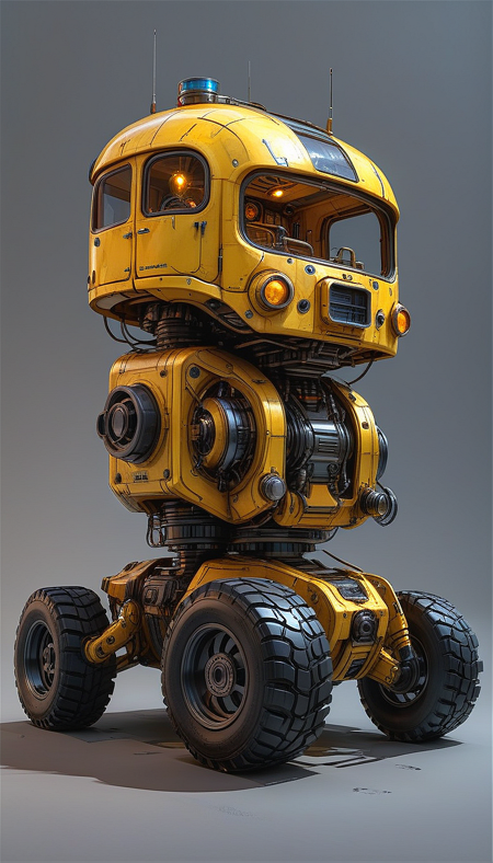 (cel-shading:2)+, (in ARTIST style:1.6), (masterpiece:1.7),  night, glow neon,
hyperrealism, glossy, shinny, clear image, accurate picture, clear picture, precise image, focused image, Science fiction style, Science fiction,
(no humans, vehicle focus, science fiction, robot, ground vehicle, shadow, wheel, mecha, motor vehicle, radio antenna, grey sky background, non-humanoid robot, wheeled vehicle), yellow paint, car (ultra sharp focus:2), (detailed windows:2), (thin lines:2), (best quality:1.8), 
night, glow neon,
(masterpiece:1.8), (highest detailed:1.8), perfectly lighted, (contrast), (saturated), (((sharp focus))),
(hyperdetailed:1.3), (intricate details:1.2), (Refined details:1.3), (best quality:1.5), highly detailed textures, vibrant colors,
(ultra sharp focus:1.8), (detailed texture:1.8), (detailed edges:1.8), (thin lines:1.8), (best quality:1.8),
<lora:Apparatus_-_Traction_City_Walkers_Vehicles:0.8>,