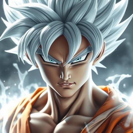 A realistic lifelike full body portrait of Goku in ultra instinct mode reimagined as a real person.   with silver & white hair, silver aura around his body, intense look
