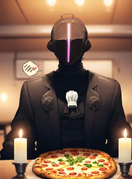 best quality, 1boy, mask, black jacket, white whistle, bdsks, pov across table, food, food focus, pizza, restaurant, (spoken blush:1.3), candles, speech bubble, romantic