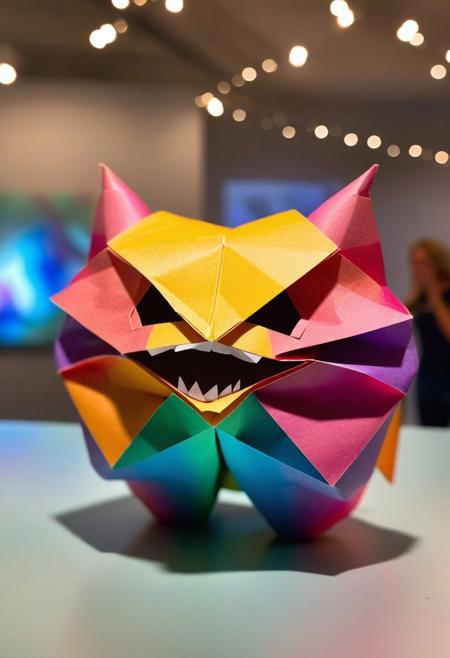 a picture of an origami of a head of a smiling chubby bow with gap tooth made from a single sheet of multicolored gradient paper, the piece is displayed in a museum with many viewers in the background, bokeh