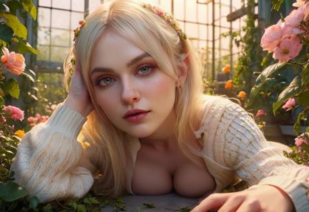 extremely detailed, high quality, realistic, beautiful eyes, cleavage, white sweater, leather pants, skirtlift, one russian girl, solo, super model, pale skin, light bonde hair, long hair, bangs, prefect face, make up, big tits, hanging breasts, nipples, narrow waist, navel, thighs, T-shirt, pleated skirt, mini skirt, (looking at viewer), an enchanting, overgrown greenhouse filled with tangled vines and blossoming flowers, backlighting, creates a halo effect around characters, giving them a radiant and romantic aura, looking at viewer, (from side)  (masterpiece, best quality), hyper detailed, fantasy landscape, dreamlike, fog, vivid colors, closeup UHD, small creature with big ears, otherworldy, lying down, large eyes, large ears flopped either side of its head, pale yellow and orange and pink stripes, hyper detailed, fantasy art, lush foliage, splashes of teal and orange colors, dreamy atmosphere, dawn or dusk light, glowing flowers and plants, colorful leaves, serene, 4k masterpiece