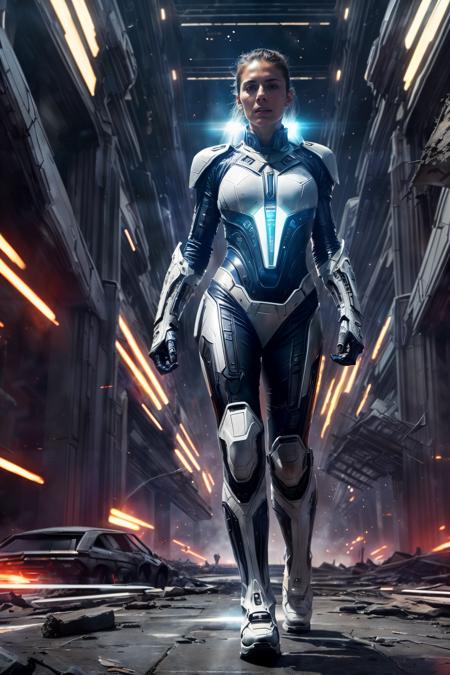<lora:NeoFuturisticTech:0.6>((beautiful woman)) wearing a neotech armor, sleek, explosive pose, expressionism, movie still, hyper detailed, intricate design, insanely detailed, fine details, scifi, in a destroyed city, frontal illumination, <lora:add_detail:0.6>