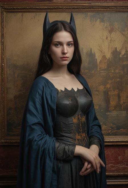 BATMAN as Mona Lisa photographic recreation of the famous painting, detailed matte painting, deep color, fantastical, intricate detail, splash screen, complementary colors, fantasy concept art
