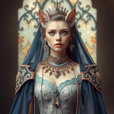 a beautiful queen wearing a sheer royal dress, the woman is both human and cat