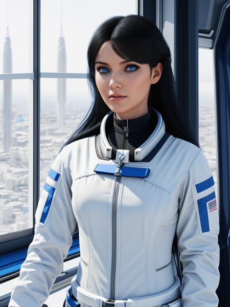 woman,black hair,blue eyes,white blouse,<lora:elizabethbioshock:0.6>, space suit, window view:5, high detail, deviantart, artstation, professional photography, concept art