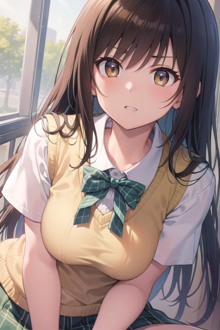 kotegawayui, <lora:yuikotegawatest:1>,
yui kotegawa, black hair, (brown eyes:1.5), long hair,
BREAK green skirt, plaid, plaid skirt, sainan high school uniform, school uniform, skirt, sweater vest, (yellow sweater:1.3), short sleeves,
BREAK looking at viewer,
BREAK indoors, classroom,
BREAK <lora:GoodHands-vanilla:1>, (masterpiece:1.2), best quality, high resolution, unity 8k wallpaper, (illustration:0.8), (beautiful detailed eyes:1.6), extremely detailed face, perfect lighting, extremely detailed CG, (perfect hands, perfect anatomy),