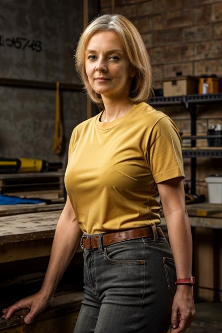 a mature L1873T yellow ochre tshirt, garage, leaning on a workbench <lora:Liz_Truss2:1> masterpiece, best quality, detailed face,, 1girl, solo, l1873t, realistic, blonde,