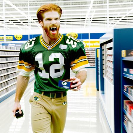 Vampyfangs1. a film still photo. 35mm. 4k. From a 2003 movie. A ginger haired beared vampire man wearing a Greenbay Packers Jersey and Khaki pants is showing off his fangs, he is walking around a Best Buy. Looking at a DVD case.