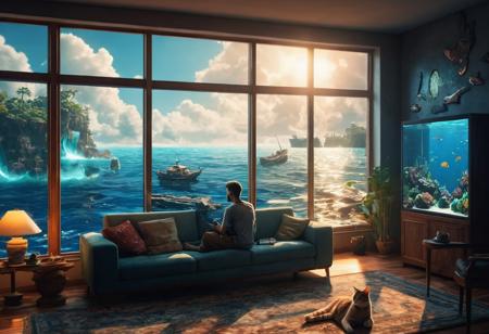 in a living room, with aquarium windows on the wall showing the ocean, fish, coral, shipwrecks, a man on a sofa in the living room looks at the environment video game, cat sleeping on a sofa, concept art futuristic, candlelight, complex picture cinematic post-processing intricate scenery