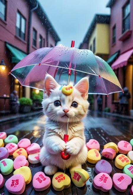 score_9, score_8_up, score_7_up, masterpiece-level, highly detailed, fantasy-themed, antho cat, chibi cat, chibi antho cat, cute animal focus, really cute animal, cute focus, intricate details, vibrant and hilariously relaxed aesthetics, (rain made from candyhearts,:1.5) , tiny candy hearts poaring, (raindrops made from candyhearts,:1.5) holding, umbrella:2, raining, kitten:2, standing, photorealistic render with Warframe aesthetic, dramatic lighting, best quality, plastic umbrella, (raindrops made from candyhearts:1.5)visible to shelter protecting a tiny, shivering calico kitten kitten nestled in a dark, atmospheric alleyway between high-tech buildings, (rain made from candyhearts:1.5) pouring down dramatic nighttime lighting, illuminated primarily by streetlights and the focusing on the kitten huddled safely, cute kitten, protection, rainy night, umbrella, juxtaposition, touching moment, sci-fi elegance, masterpiece, best quality, best quality, absurdres, 8k, HDR, <lora:albrecht_labs:1>