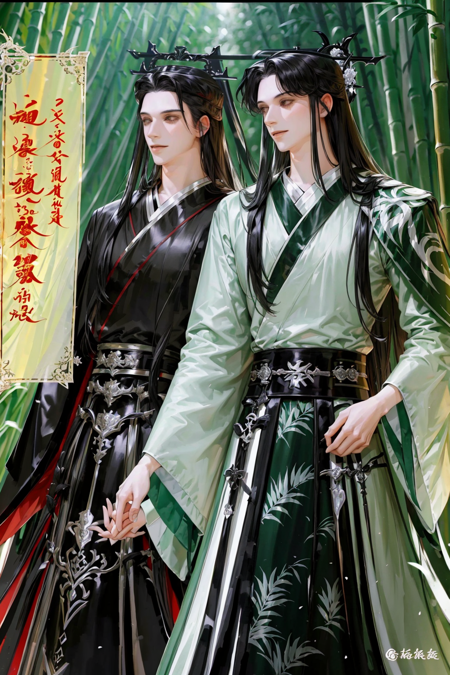 long hair, smile, black hair, hair ornament, long sleeves, holding, closed mouth, standing, male focus, outdoors, multiple boys, 2boys, wide sleeves, looking at another, holding hands, chinese clothes, nature, hand fan, forest, robe, folding fan, holding fan, bamboo, bamboo forest, hanfu,
 <lora:pilyeon-04:1>