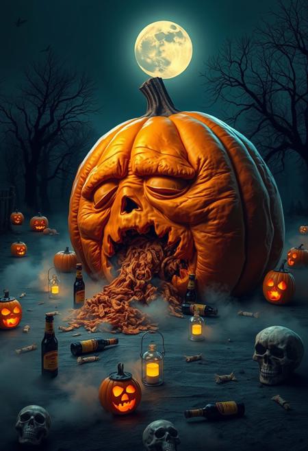 Enormous orange pumpkin with a tired, worn-out expression, sitting on the ground as it vomits its own pumpkin guts. Empty beer bottles scattered around, as if it just had a long night of drinking. Surrounding the pumpkin are spooky Halloween elements: glowing jack-o’-lanterns, eerie fog creeping along the ground, flickering candles inside skull-shaped lanterns, and a few scattered candy wrappers. A full moon casts a dim light over the scene, with creepy shadows from nearby trees and faint ghostly figures in the distance, enhancing the eerie Halloween vibe