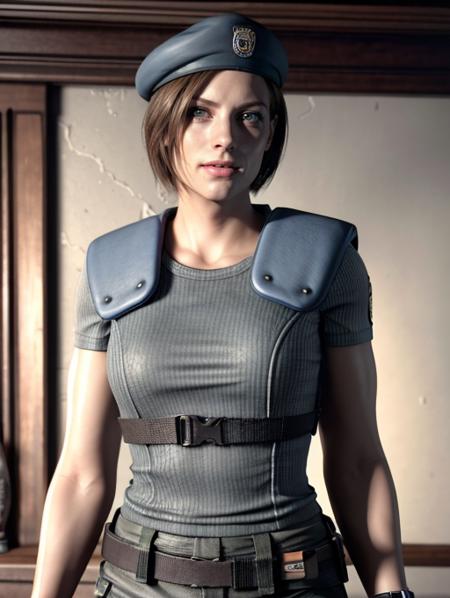 Jill valentine, portrait, smiling, award winning, looking at viewe (8k, RAW photo, best quality, masterpiece:1.2),ultra-detailed, (high detailed skin:1.2), 8k uhd, dslr, soft lighting, high quality, <lora:Jill_Valentine_RE1R_v1:0.8>