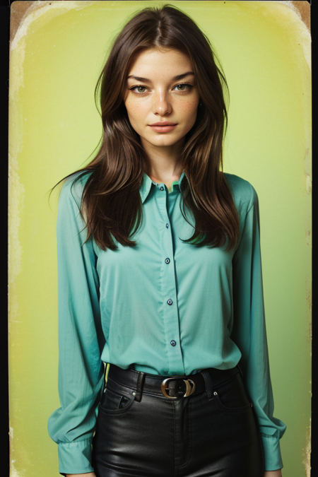 MonicaOllander, Century Camera Co. Studio, 160mm f/8, 1/10s, ISO 25, ((tintype, portrait, full color, bold color, yellow, green, gradient)), blouse, ((geometric halftone background))