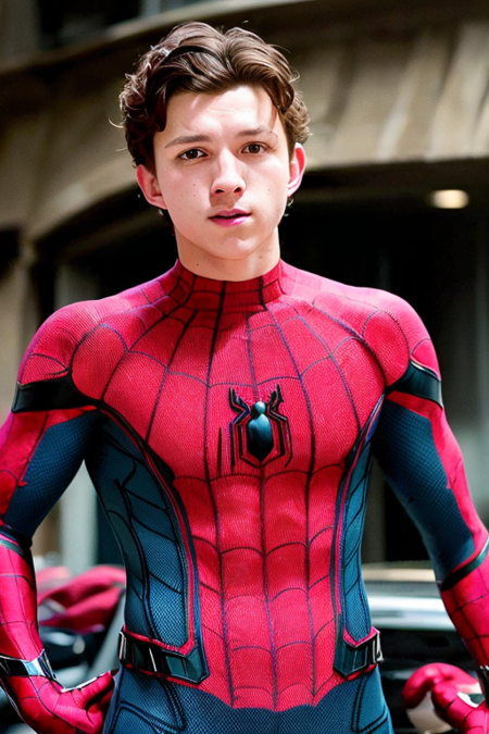 portrait of tom holland, man, muscular, spider-man suit