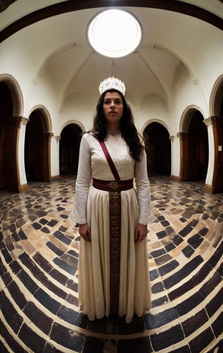 [Ceremonial] (lurid) photo of a [27 yo sabbatean frankist woman], [long flowing hair], [ceremonial outfit] BREAK [standing in center of circle], [fisheye lens], [medieval castle], [overhead natural lighting, front bounce reflector], [bollows tilt camera], [irregular polished lens], in the style of [Annie Leibovitz]