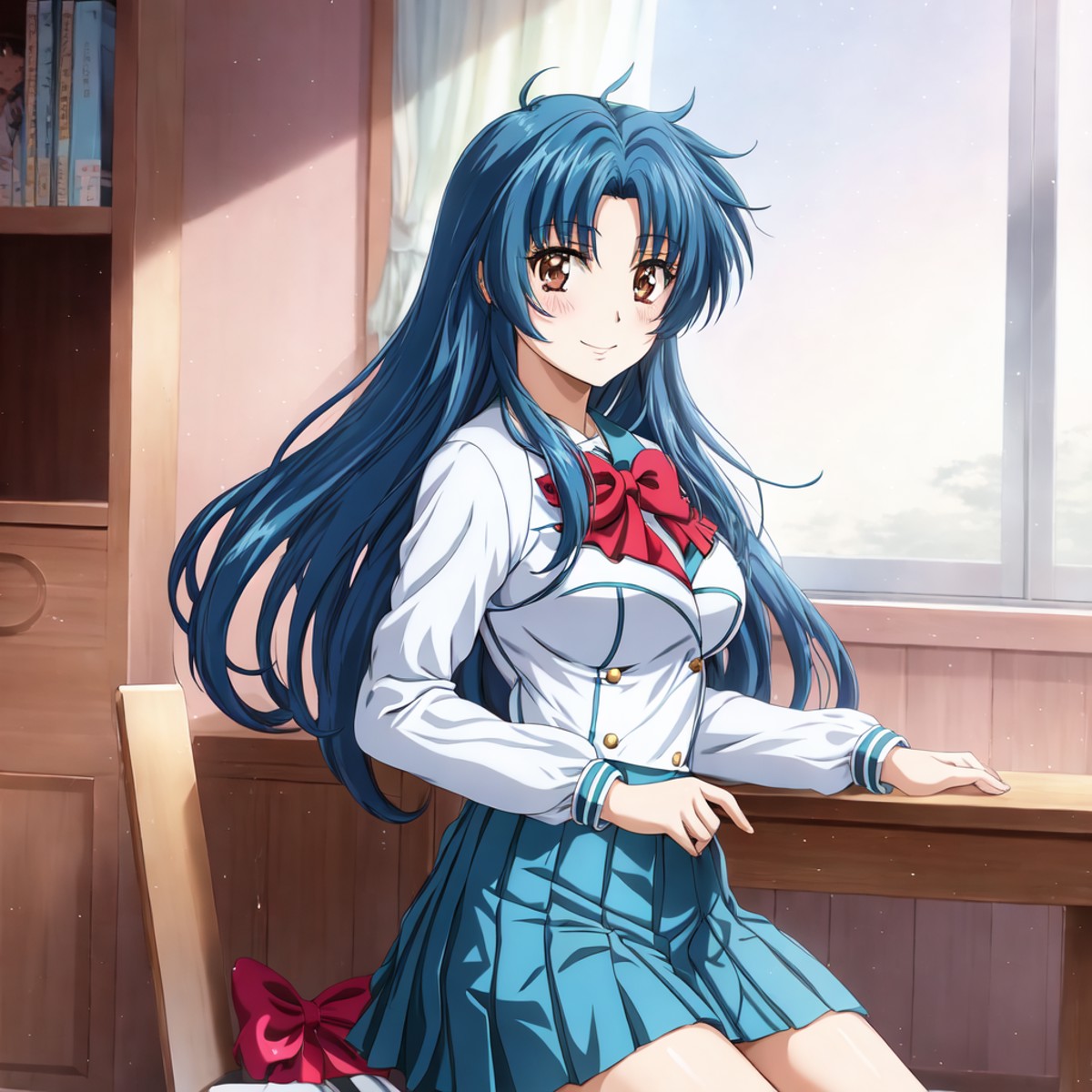 KanameChidori, 1girl, anime, masterpiece, best quality, serafuku, school uniform, (low-tied long hair), smile
