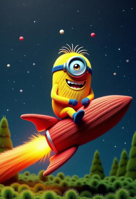 A happy yellow minion made out of (fir needles), he has one eye and he's smiling, he's sitting on a large red rocket made out of fir needles, space background, a scene made in the fir needle style