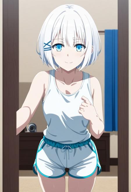 White hair, short hair, blue eyes, xhairclip hairclip