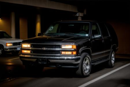 ((chvrltth))  <lora:chvrltth:.8>  mid distance shot of detailed raw hd photo of a ) parked inside a (darkly lit parking garage ,dimly lit, low key )grunge, urban menacing ambience, metal pipes, concreate, decay (nighttime, pitch black, moody and dark:1.3) (glowing headlights:1.2) <lora:add_detail:1>