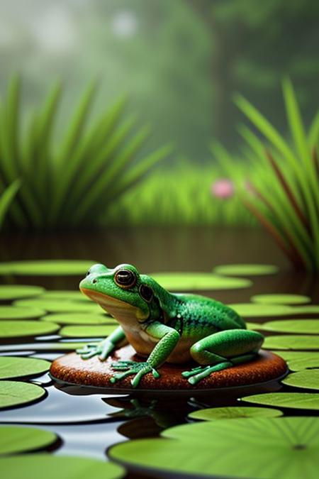 Create a photorealistic 3d image of a Frey frog with an elephants trunk sitting on a Lilly pad with water shooting into the air from its trunk. The setting is a swamp.