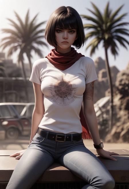 (((upper body shot))), score_9, score_8_up, score_7_up, score_6_up, (shorter petite cute skinny girl, short body, young, medium breasts, black straight hair, bob cut hair), sitting on box, gas station, dark city, intricate details, detailed background, hyperrealistic, warm sun light on body, serious expression, white sneakers, tattooed arms, tight jeans, black belt, silver watch, long grey t-shirt, red scarf over face, sun reflections, California, palms,