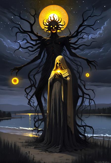HavvoricFireDarkstyle, cosmic horror, dark art, by theodore robinson, painting, King in Yellow, Along the shore the cloud waves break The twin suns sink behind the lake The shadows lengthen In Carcosa Strange is the night where black stars rise And strange moons circle through the skies But stranger still is Lost Carcosa Songs that the Hyades shall sing Where flap the tatters of the King Must die unheard in Dim Carcosa Song of my soul my voice is dead Die thou unsung as tears unshed Shall dry and die in Lost Carcosa