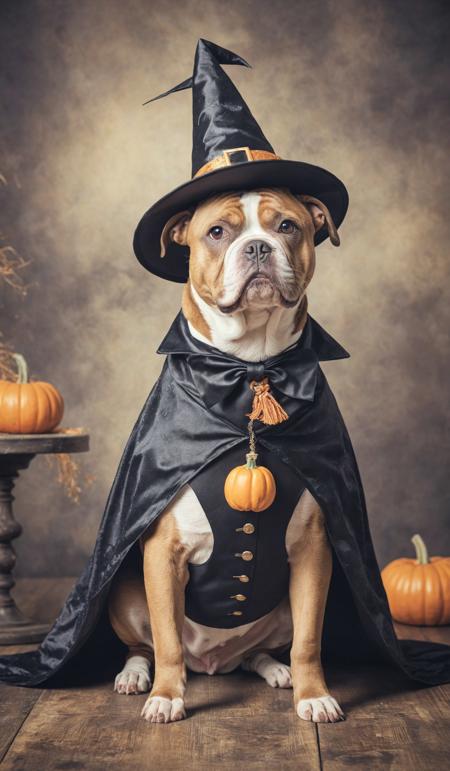 American Bully dog dressed in a costume for the celebration of Halloween. A dog in a witch costume. Preparing the dog for Halloween. Dramatic unusual scene. Beauty world. Retro filter and vintage style. Instagram toning effect, breathtaking photograph.