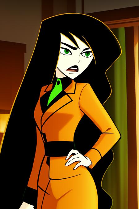 shego, 1girl, solo, long_hair, open_mouth, shirt, black_hair, long_sleeves, very_long_hair, green_eyes, jacket, upper_body, hand_on_hip, looking_to_the_side, colored_skin, parody, formal, indoor, orange_jacket