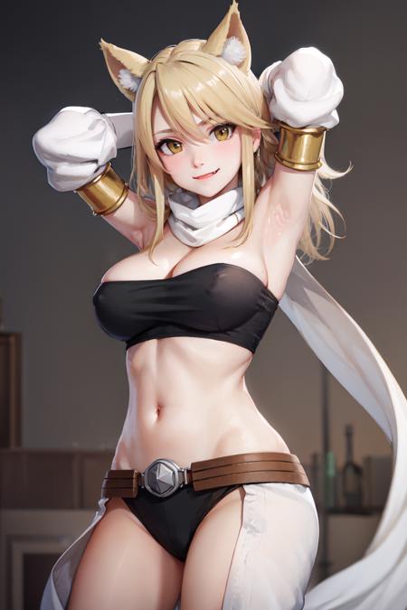 (masterpiece, best quality:1.2), <lora:agk_leone-10:0.8>, cowboy shot, solo, 1girl, leone, fang, smile, looking at viewer, arms behind head, animal ears, strapless, detached sleeves, scarf, large breasts