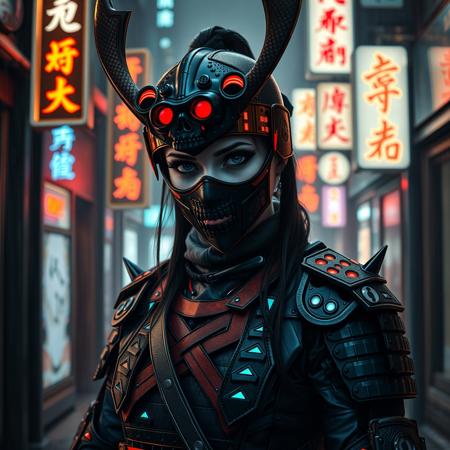  A photorealistic full-body vertical portrait of a fierce goth vampire samurai girl with pale skin and sharp, aggressive features, set in a dystopian Neo-Tokyo inspired by Blade Runner. She has intense goth makeup with heavy black eyeliner and dark eyeshadow, and a cold, defiant gaze. Her mengu mask is gothic and futuristic, with skull motifs, spiked edges, and glowing engravings in neon red and electric blue. Her samurai armor blends tribal and cyberpunk influences: black carbon fiber plates, crimson LED accents, turquoise circuitry, and angular, tech-enhanced design elements. She stands confidently in a rain-slick neon-lit alley, surrounded by holograms, mist, and glowing kanji signage. The atmosphere is dark, cinematic, grainy like 16mm film, and full of cyberpunk tension. No text or letters appear in the image.   The atmosphere is moody and cinematic, with soft bokeh, dramatic lighting, and a grainy 16mm film look. Highly detailed, rich in emo and goth influence, with no text or letters in the image.

Simulating Kodak Ektacolor Pro 160, with a custom white balance at 5500K. cinematic lighting, analog film, film grain, kodak chrome, cool cinematic tones,high contrast, sharp details, with moody lighting that adds depth,. (cinematic atmosphere:1.3), deep photo, depth of field, (black hair)), , (ambient occlusion), (cinematic lighting:1.3), (4K image quality:1.3), (sharp detail:1.3), (highly realistic:1.3), (dim warm cinematic lighting:1.3)
