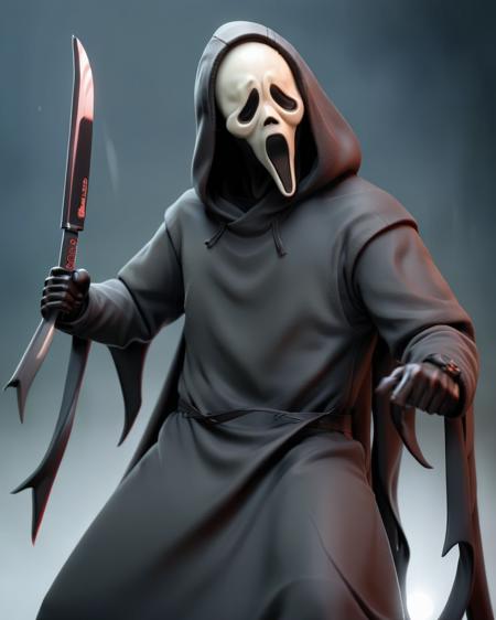 ghostface mask, man, fully clothed, full shot, full body, cloak, attack pose, holding knife.
 <lora:GhostfaceMask_v0_1:1>