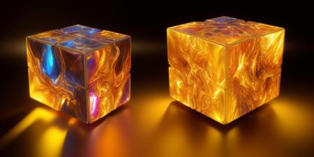 Golden Rubik's Enigma: A Rubik's cube  with hologram framing, iconic in its complexity, hovers amidst a shimmering, molten pool of liquid gold. The gold ebbs and flows, each movement reflecting off the cube's geometric surfaces, adding an opulent warmth to the mesmerizing puzzle. Rendered with Cinema 4D's fluid simulation at an aperture of f/2.8, ISO 400, and a shutter speed of 1/60 sec, the captivating play of light, shadow, and liquid gold is breathtaking. The final image, polished using Gamma Correction and Tone Mapping, is an enticing blend of playful nostalgia and luxurious aesthetics. This composition is inspired by the distinctive styles of artists Alex Roman and Beeple.