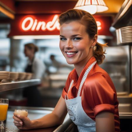 <lora:evaherzigova_sdxl:1>   evaherzigova   portrait photo of a woman, smiling, welcoming, working as a waitress in a diner, 4k textures, soft cinematic light, adobe lightroom, photolab, hdr, intricate, elegant, highly detailed, sharp focus, ((((cinematic look)))), soothing tones, insane details, intricate details, hyperdetailed, low contrast, soft cinematic light, exposure blend, hdr,