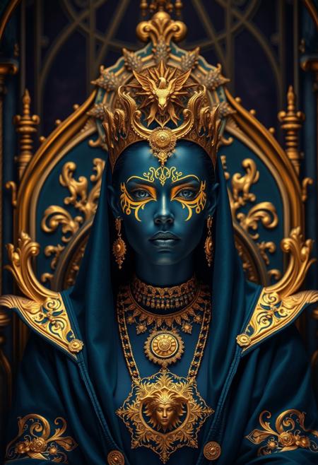 regal figure, dark blue skin, gold facial markings, ornate jewelry, deep teal robe, golden throne, baroque style, celestial motifs, radiant medallion, gothic architecture, fantasy royalty, divine aura, mystical setting, symmetrical composition, dramatic lighting,  moment of introspection, enigmatic presence,reflections, cinemascope, tranquil atmosphere, striking saturated hues, dark beauty, bold golden accents,Enchanting realm, and purple
