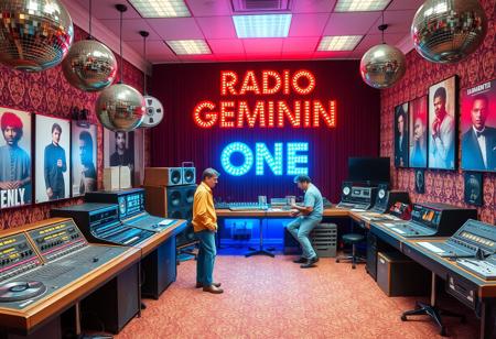 Create a detailed scene of an American radio studio from 1974 with a funky, R&B vibe. The studio features vintage equipment, including large analog mixing boards, turntables, and reel-to-reel tape machines. The room is adorned with glittering disco balls, colorful neon lights, and posters of popular R&B artists from the era. The walls have vibrant, patterned wallpaper with a retro feel, and there’s a groovy atmosphere with people wearing bell-bottoms, wide-collared shirts, and platform shoes. Prominently displayed in the background is a retro sign that reads “RADIO GEMINI ONE” in bold, glowing letters, capturing the essence of the 1970s funk and R&B culture.