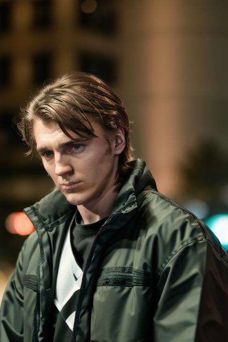 cinematic shot of a handsome young man standing in an black jacket, combed hair, downtown on a rainy midnight, upper body, close up, looking down, candid, amateur, (raw, 8k, uhd, fujifilm xt3), sharp, ominous green lighting, <lora:paulDano:1>, cinematic lighting