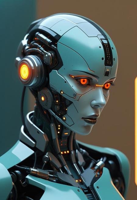 A close-up of a futuristic humanoid android with a sleek, metallic face in shades of teal, grey, and black. The android’s glowing orange-red eyes have geometric, mechanical pupils, giving an intense, focused gaze. Its face is smooth and humanlike, but segmented with visible panel lines and printed alphanumeric codes like "94R" beneath one eye. The lips are matte black, expressionless and cold. Attached to the side of the head is a cybernetic module with small illuminated symbols, hexagonal grids, and a connector-like structure. The neck transitions into a complex, dark mechanical collar made of layered, textured materials with cables and joints. The background is softly blurred with warm beige-yellow lighting and indistinct futuristic shapes, suggesting a sci-fi indoor setting. The overall mood is high-tech, enigmatic, and slightly ominous.