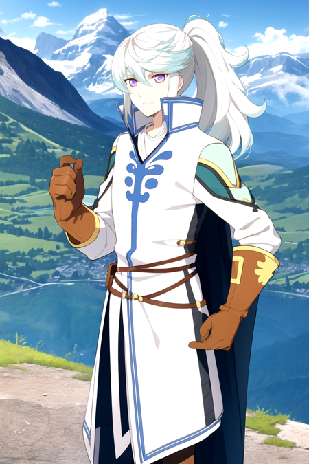 masterpiece, best quality, 1boy, mikleoold, white coat, gloves, long hair, male focus, cape, ponytail, purple eyes, solo, white hair, medieval castle, switzerland mountains background  <lora:Mikleo:1>