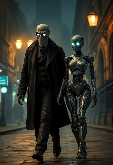 [Gothic Romance with a Mechanical Heart]. Masterpiece, highres, ultra-realistic, 4k. A man in a dark Victorian coat and eerie plague doctor mask walks through the foggy, gaslit streets of 19th-century London at night. Beside him, his robotic girlfriend, a highly detailed, clearly artificial humanoid woman, walks with delicate mechanical grace. Her metallic limbs and exposed servos shine under the streetlamps, but her glowing eyes and gentle posture hint at deep emotional awareness. The scene is cinematic and moody, filled with gothic romance and futuristic tragedy. Their connection is evident, despite their different natures, man and machine in love.