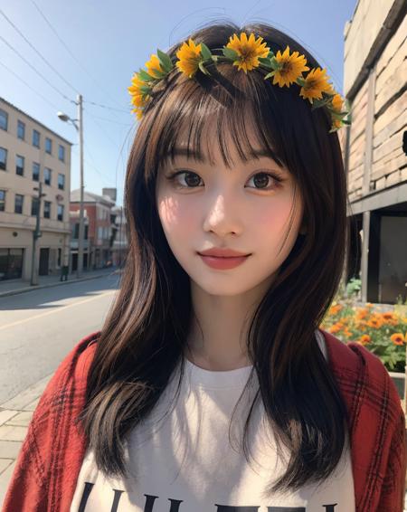 momo, 1girl, a young woman, (upper body:1.2), (looking at viewer:1.3), (schoolgirl jacket), (flower crown), (beautiful city, beautiful sky background), natural skin color, (closed mouth:1.2), (medium breast), floating hair, beautiful expression, face detailed, eyes detailed, iris detailed, masterpiece, best quality, photorealistic, hyper realistic, ultra detailed, perfect lighting, depth of field, shadows, highres, <lora:sayhello0o-v1-twicemomo:1>