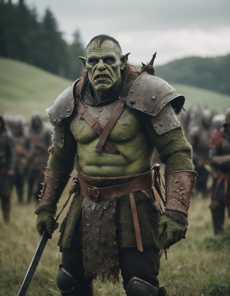 cinematic photo cinematic photo full frame wide shot , Horror-themed (greenskin) cinematic a battlefiels full of scary orc...