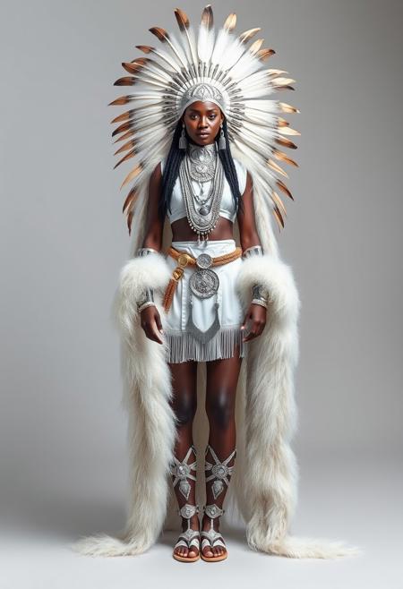 front view, Full shot of an african tribal warrior queen, elegant, rich white and silver clothes, awesome feathers headpiece, extremely long fur cape, tribal necklaces, , tribal sandals, standing pose, studio photography style, neutral grey background,