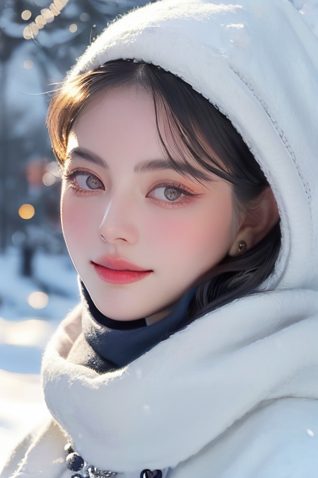 (close-up:1.4),winter ,snowy,(RAW photo:1.2), (photorealistic:1.4),(masterpiece:1.3),(best quality,1girl, closed mouth,:1.4), dreamlike, (detailed eyes),(detailed facial features), (detailed clothes features) 1boy,solo, black hair, black eyes, crystal pendant, Long blue scarf,White long wool coat,(detailed face), grunge,(high detailed skin:1.2),soft lighting, high quality, <lora:maidavikav1_ghotilafish:1>