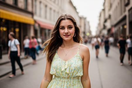 full color portrait of a young woman, wearing a summer dress, in a crowded street, natural light, RAW photo, subject, 8k uhd, dslr, soft lighting, high quality,