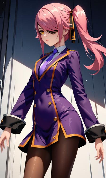 Konoe_Ayatsuki_Mercury \(XB\),1girl, solo, long hair, long sleeves, dress, yellow eyes, pink hair, breasts, small breasts, pantyhose, necktie, hair over one eye, uniform, side ponytail, orange eyes, eyepatch,