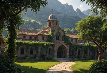 Epic landscape, exceptional quality, masterpiece, extremely detailed, professional art, professional painting, extremely delicate and beautiful, dynamic, superb lighting, perfect shading, professional shading, depth of field, soft sidelight, elegant, magnificent, highly detailed, long shot, uncropped, pure genius, absolutely perfect, breathtaking,
Steel Vine Monastery