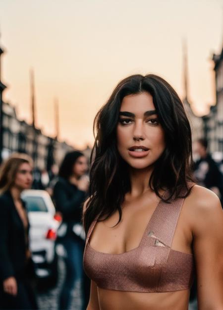 8k, RAW, Upper body photo of dualip as a beautiful female model, georgia fowler, beautiful face, with short dark brown hair, walking in Amsterdam at sunset. She is wearing a transparent top, high waist jeans,