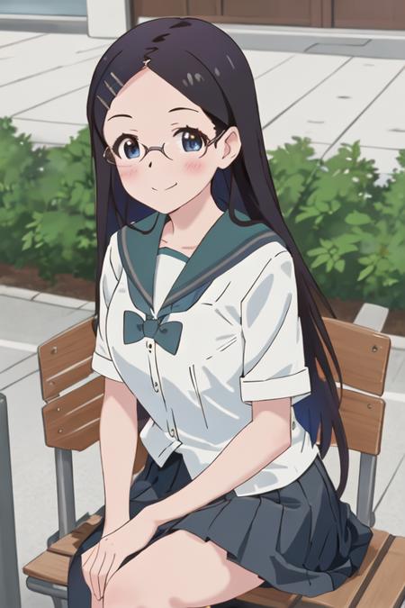 best quality, masterpiece, highres, solo, {saito_kaede_encouragementofclimb:1.15}, black_hair, glasses, blush, long_hair, hairclip, hair_ornament, blue_eyes, smile, 1girl, school_uniform, serafuku, looking_at_viewer, parody